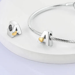 KissICON New Silver Plated Heart Shape A-Z Letter Charms Beads Fit Original Bracelet  Bead For Women Jewelry Making Gift