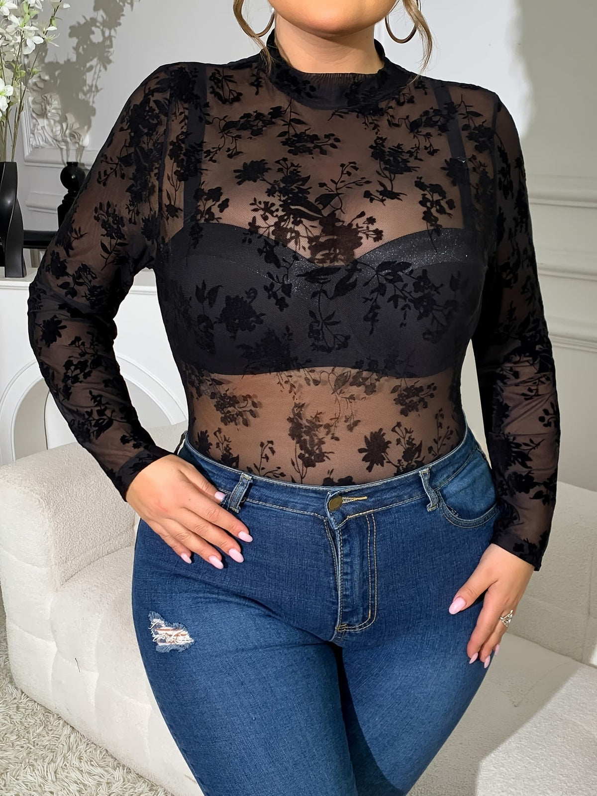 jkthpu-45 New Stylish Sexy Mesh Floral Bodysuit with Alluring