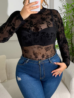 jkthpu-45 New Stylish Sexy Mesh Floral Bodysuit with Alluring Cutouts, Available in Plus Sizes.