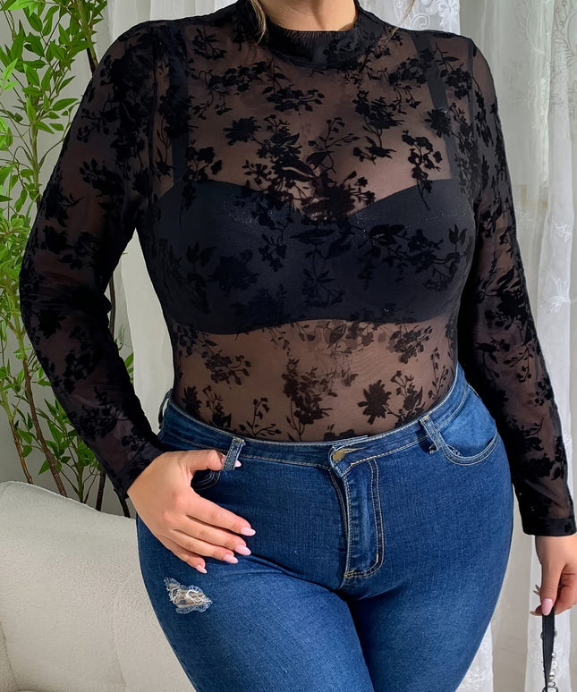 jkthpu-45 New Stylish Sexy Mesh Floral Bodysuit with Alluring Cutouts, Available in Plus Sizes.