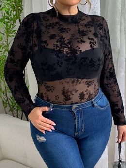 jkthpu-45 New Stylish Sexy Mesh Floral Bodysuit with Alluring Cutouts, Available in Plus Sizes.