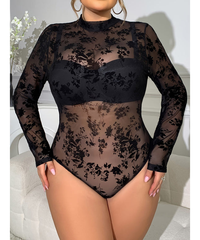 jkthpu-45 New Stylish Sexy Mesh Floral Bodysuit with Alluring Cutouts, Available in Plus Sizes.