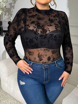 jkthpu-45 New Stylish Sexy Mesh Floral Bodysuit with Alluring Cutouts, Available in Plus Sizes.