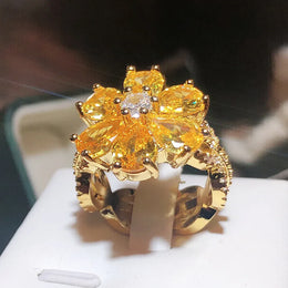 KissICON 💋 New Women's Ring Yellow Zircon Flower - Silver Plated