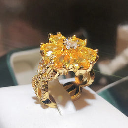 KissICON 💋 New Women's Ring Yellow Zircon Flower - Silver Plated