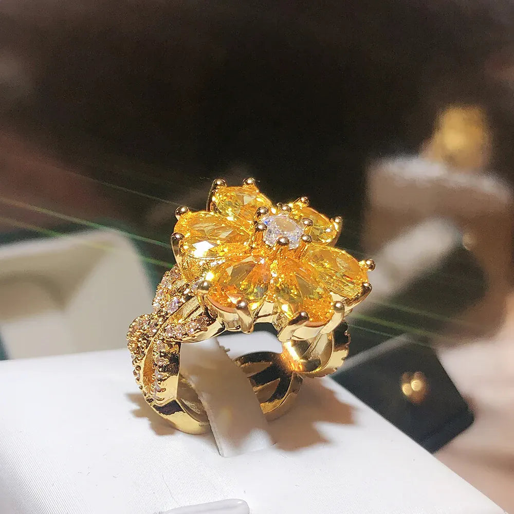 KissICON 💋 New Women's Ring Yellow Zircon Flower - Silver Plated