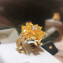 KissICON 💋 New Women's Ring Yellow Zircon Flower - Silver Plated