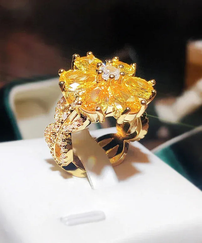 KissICON 💋 New Women's Ring Yellow Zircon Flower - Silver Plated