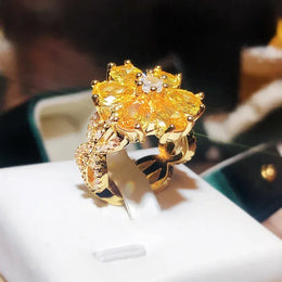 KissICON 💋 New Women's Ring Yellow Zircon Flower - Silver Plated