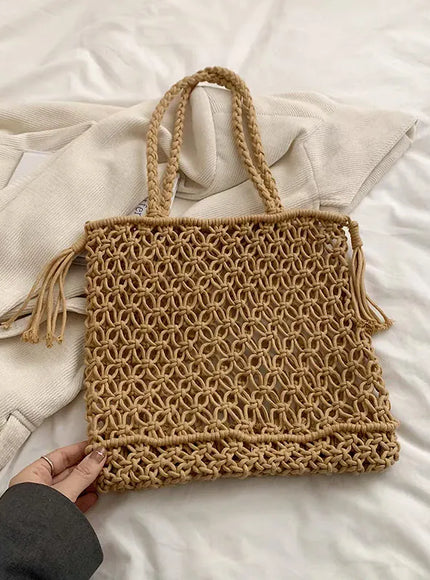 KissICON No Lining 1 Tassel Cotton Crochet Tote – Mesh Beach Vacation