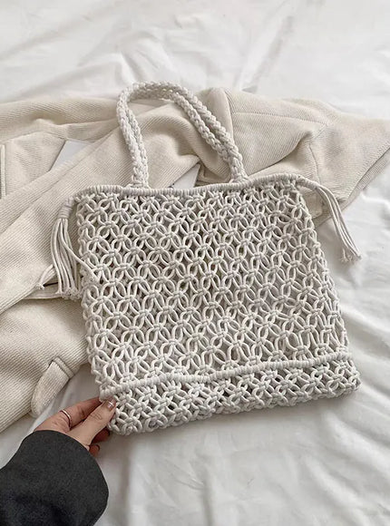KissICON No Lining Tassel Cotton Crochet Tote – Mesh Beach Vacation