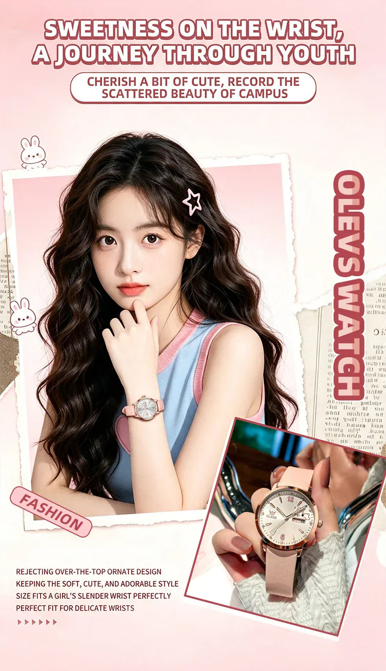 KissICON OLEVS 5700 Quartz Movement Watch Sweet Outfit Bunny Number Dial Week Display Calendar Window Leather Strap Watch For Women