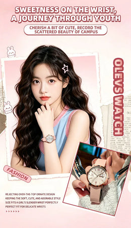 KissICON OLEVS 5700 Quartz Movement Watch Sweet Outfit Bunny Number Dial Week Display Calendar Window Leather Strap Watch For Women