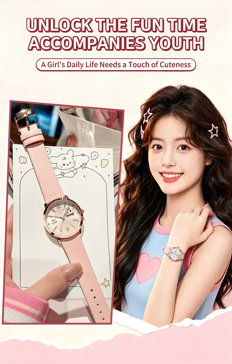 KissICON OLEVS 5700 Quartz Movement Watch Sweet Outfit Bunny Number Dial Week Display Calendar Window Leather Strap Watch For Women