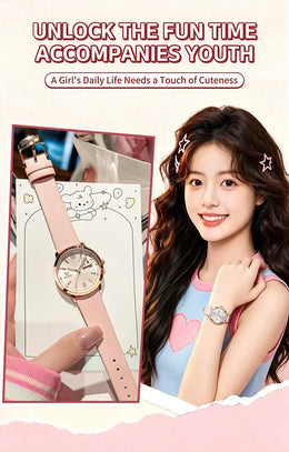 KissICON OLEVS 5700 Quartz Movement Watch Sweet Outfit Bunny Number Dial Week Display Calendar Window Leather Strap Watch For Women