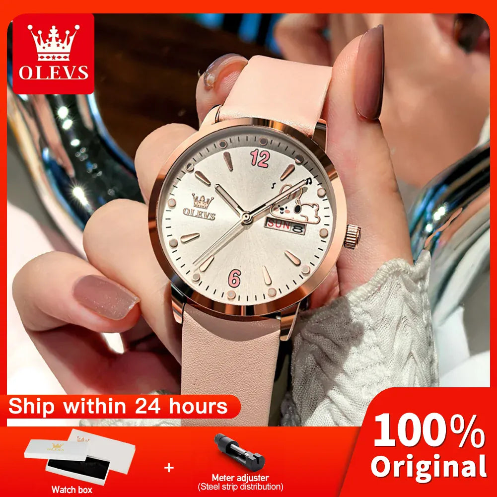 KissICON OLEVS 5700 Quartz Movement Watch Sweet Outfit Bunny Number Dial Week Display Calendar Window Leather Strap Watch For Women