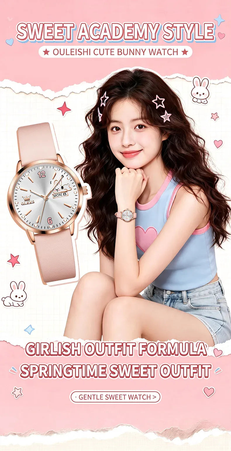 KissICON OLEVS 5700 Quartz Movement Watch Sweet Outfit Bunny Number Dial Week Display Calendar Window Leather Strap Watch For Women