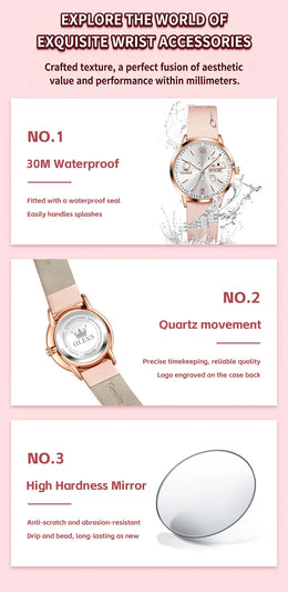 KissICON OLEVS 5700 Quartz Movement Watch Sweet Outfit Bunny Number Dial Week Display Calendar Window Leather Strap Watch For Women