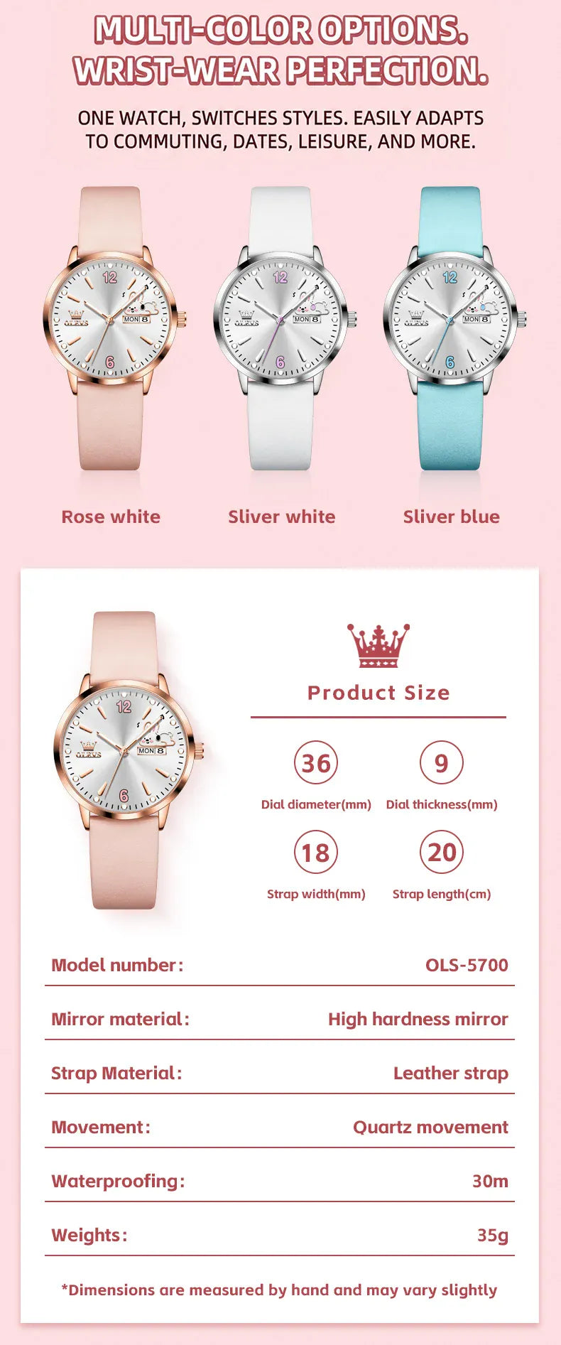 KissICON OLEVS 5700 Quartz Movement Watch Sweet Outfit Bunny Number Dial Week Display Calendar Window Leather Strap Watch For Women