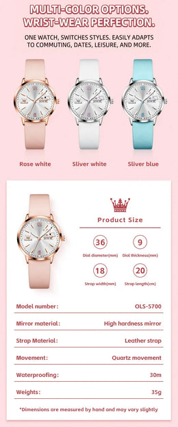 KissICON OLEVS 5700 Quartz Movement Watch Sweet Outfit Bunny Number Dial Week Display Calendar Window Leather Strap Watch For Women