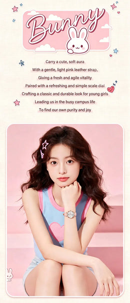 KissICON OLEVS 5700 Quartz Movement Watch Sweet Outfit Bunny Number Dial Week Display Calendar Window Leather Strap Watch For Women