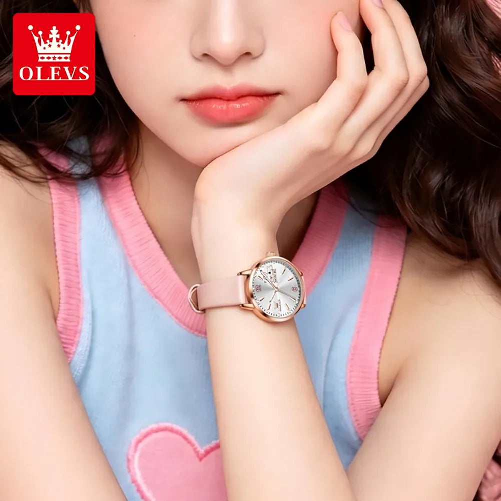 KissICON OLEVS 5700 Quartz Movement Watch Sweet Outfit Bunny Number Dial Week Display Calendar Window Leather Strap Watch For Women