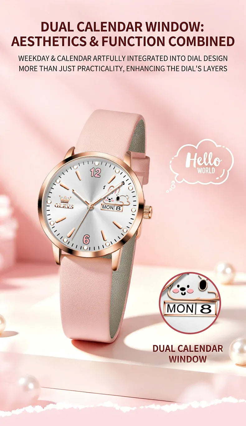 KissICON OLEVS 5700 Quartz Movement Watch Sweet Outfit Bunny Number Dial Week Display Calendar Window Leather Strap Watch For Women