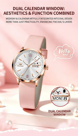 KissICON OLEVS 5700 Quartz Movement Watch Sweet Outfit Bunny Number Dial Week Display Calendar Window Leather Strap Watch For Women