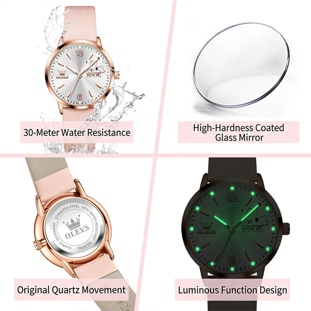 KissICON OLEVS 5700 Quartz Movement Watch Sweet Outfit Bunny Number Dial Week Display Calendar Window Leather Strap Watch For Women