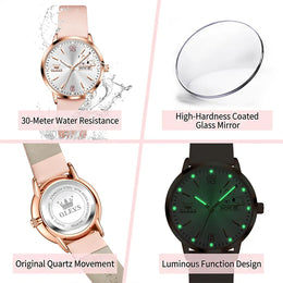 KissICON OLEVS 5700 Quartz Movement Watch Sweet Outfit Bunny Number Dial Week Display Calendar Window Leather Strap Watch For Women