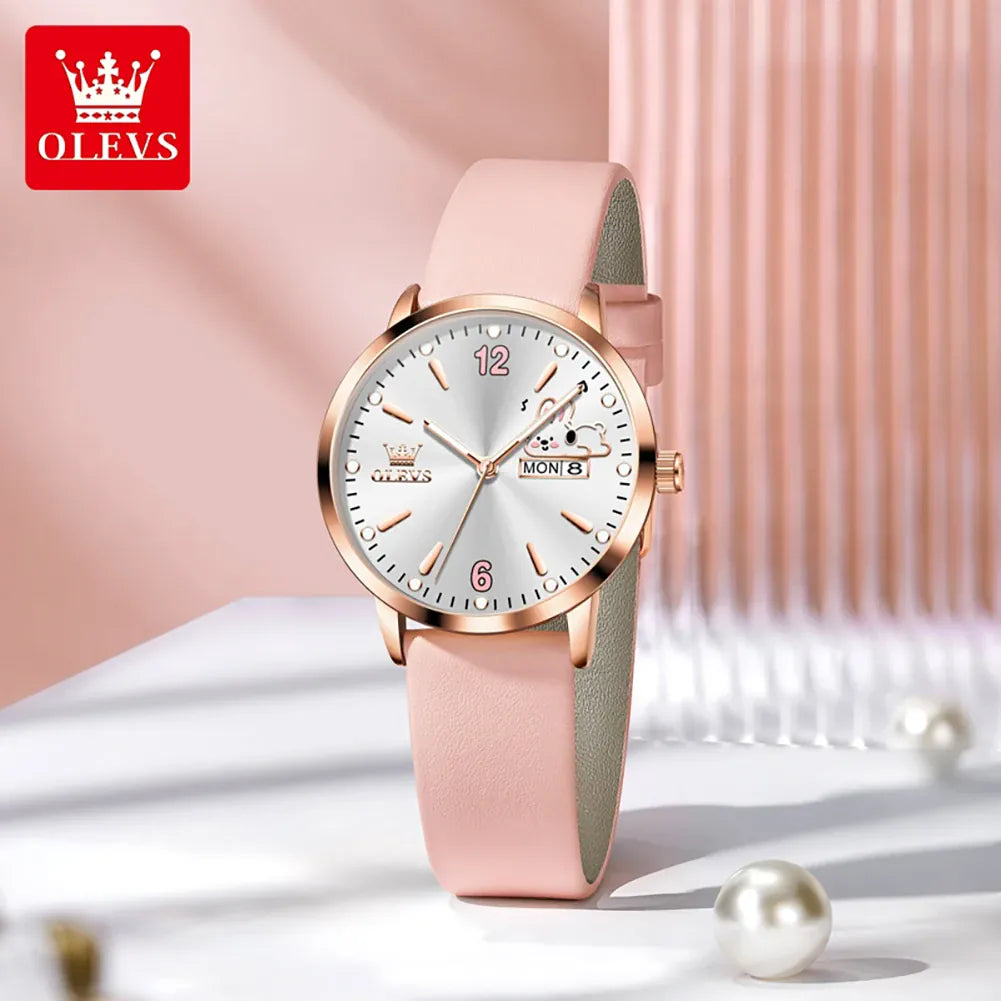 KissICON OLEVS 5700 Quartz Movement Watch Sweet Outfit Bunny Number Dial Week Display Calendar Window Leather Strap Watch For Women