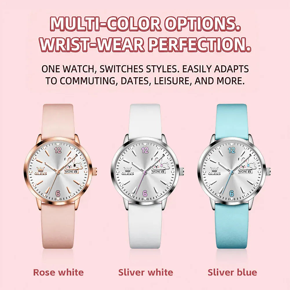KissICON OLEVS 5700 Quartz Movement Watch Sweet Outfit Bunny Number Dial Week Display Calendar Window Leather Strap Watch For Women