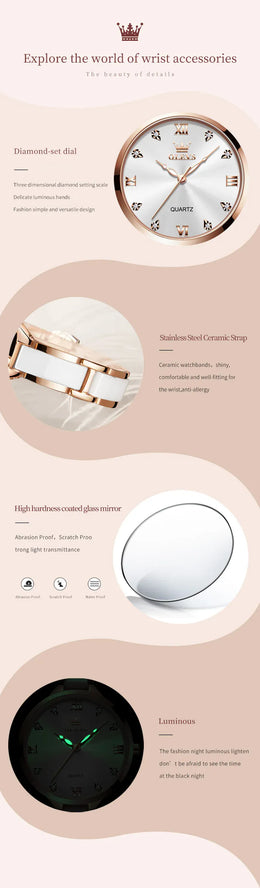 KissICON OLEVS 5872 Luxury Women's Watches Elegant Fashion Ceramic Strip Waterproof Japan Imports Quartz Watch Dress Lady Watch Simple