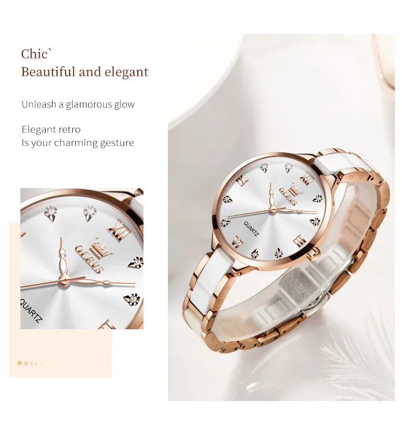 KissICON OLEVS 5872 Luxury Women's Watches Elegant Fashion Ceramic Strip Waterproof Japan Imports Quartz Watch Dress Lady Watch Simple
