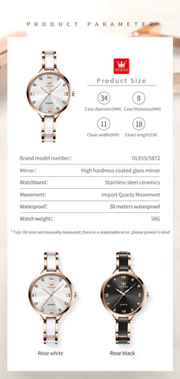 KissICON OLEVS 5872 Luxury Women's Watches Elegant Fashion Ceramic Strip Waterproof Japan Imports Quartz Watch Dress Lady Watch Simple