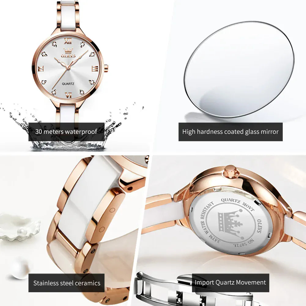 KissICON OLEVS 5872 Luxury Women's Watches Elegant Fashion Ceramic Strip Waterproof Japan Imports Quartz Watch Dress Lady Watch Simple