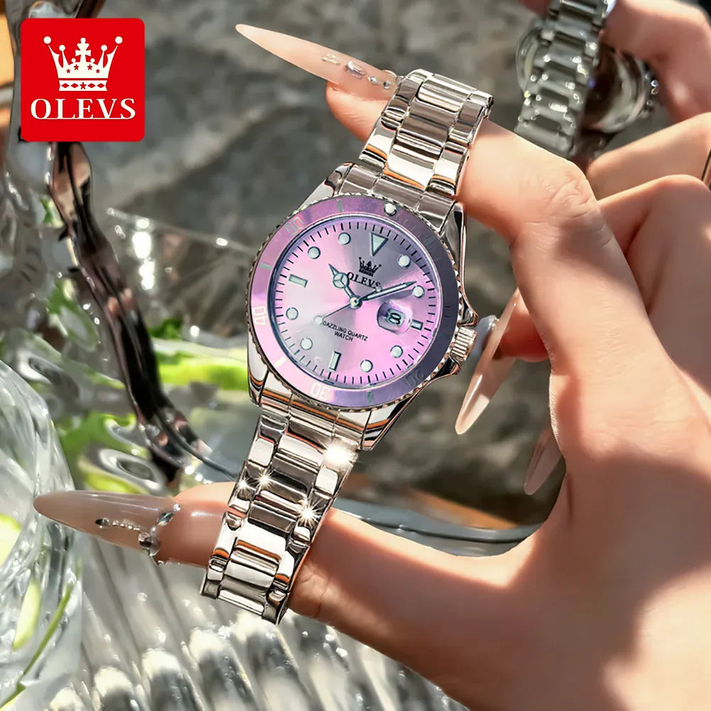 KissICON OLEVS 5885 Original Quartz Watch Women Fashion Rotating Dial Stainless Steel Strap Waterproof Casual Ladies' Watch