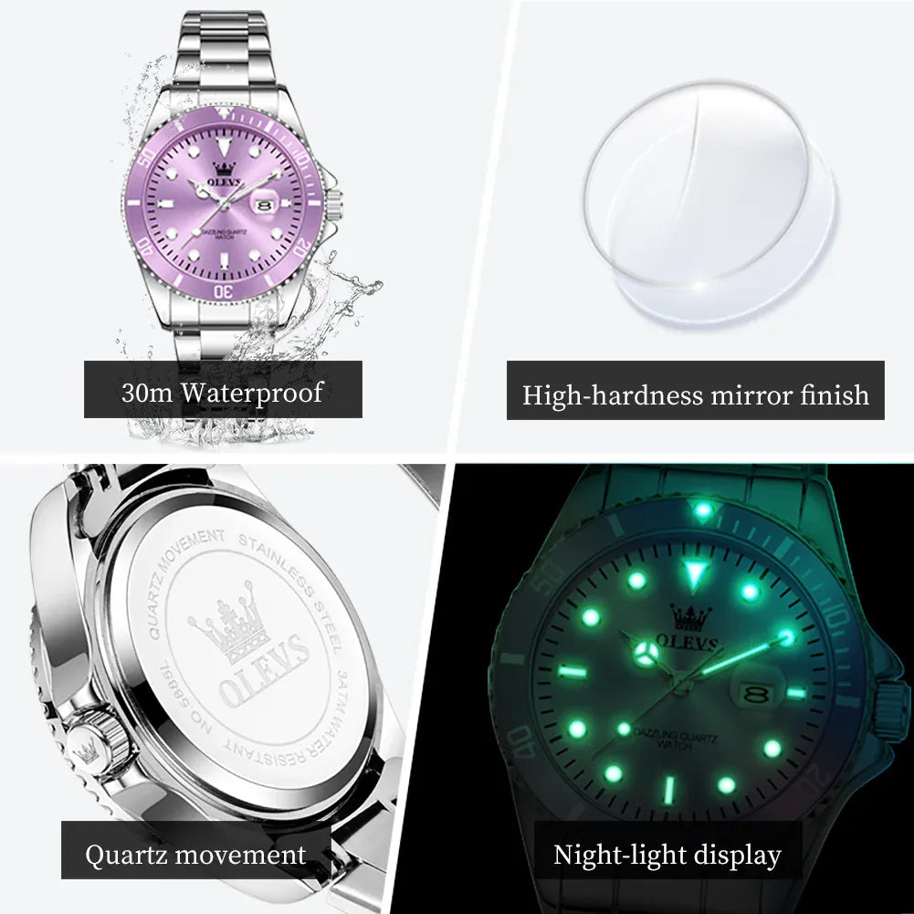 KissICON OLEVS 5885 Original Quartz Watch Women Fashion Rotating Dial Stainless Steel Strap Waterproof Casual Ladies' Watch