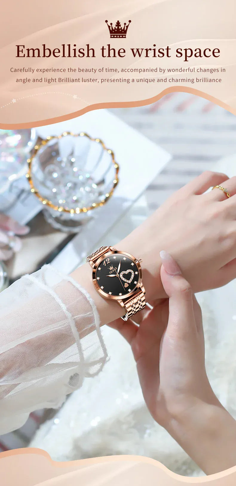 KissICON OLEVS Japan Quartz Women Watch Stainless steel Bracelet "Love" Dial Fashion Elegant Waterproof Luminous Quartz Watch for Ladies