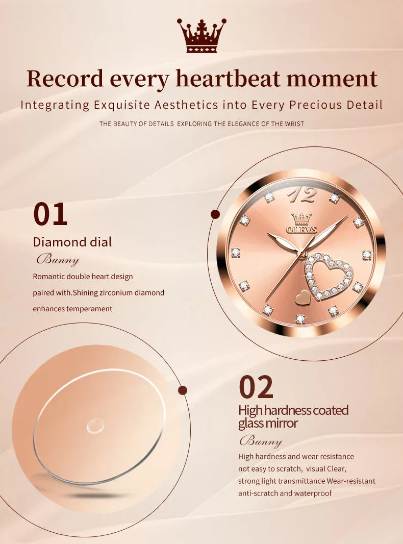KissICON OLEVS Japan Quartz Women Watch Stainless steel Bracelet "Love" Dial Fashion Elegant Waterproof Luminous Quartz Watch for Ladies
