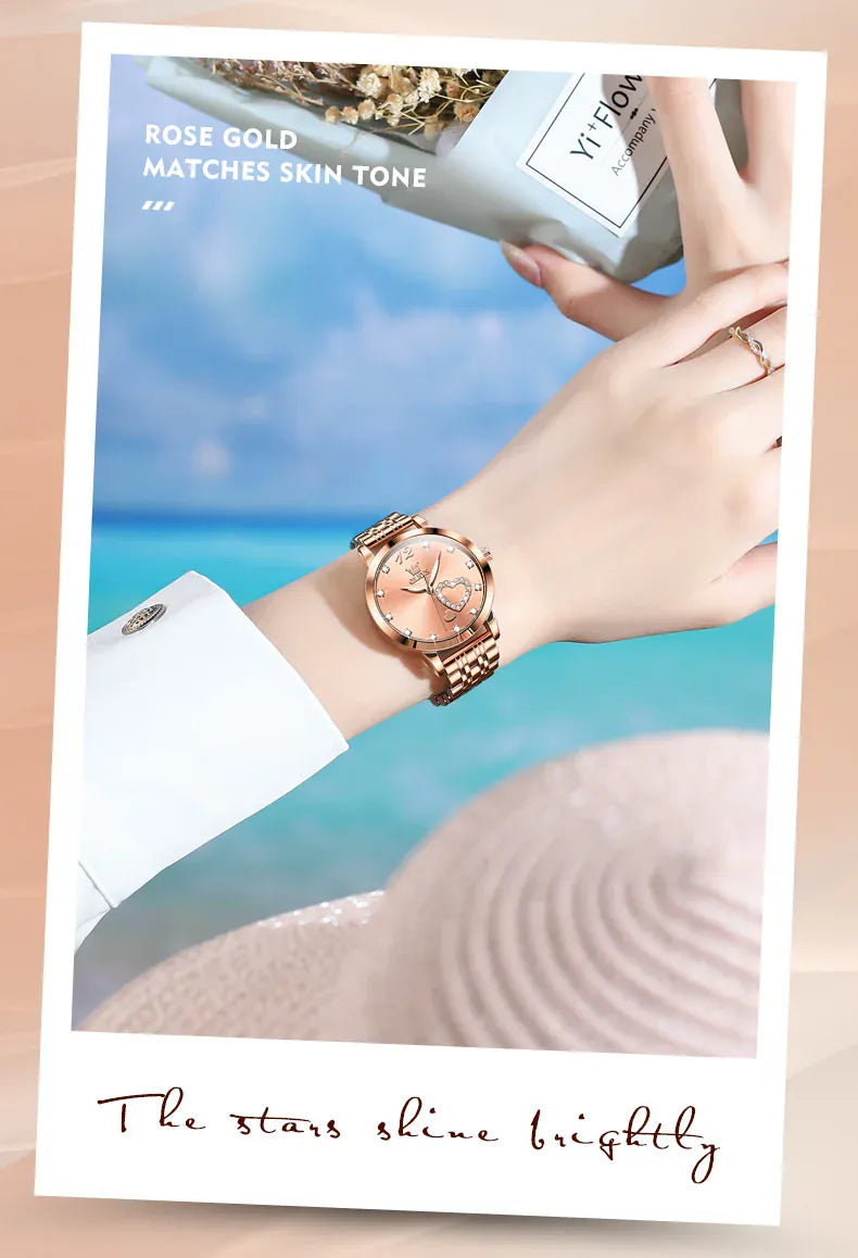 KissICON OLEVS Japan Quartz Women Watch Stainless steel Bracelet "Love" Dial Fashion Elegant Waterproof Luminous Quartz Watch for Ladies