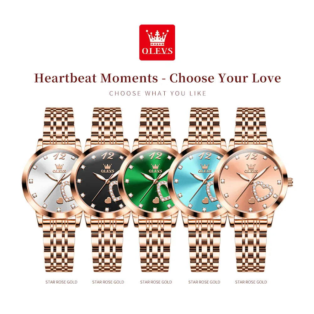 KissICON OLEVS Japan Quartz Women Watch Stainless steel Bracelet "Love" Dial Fashion Elegant Waterproof Luminous Quartz Watch for Ladies