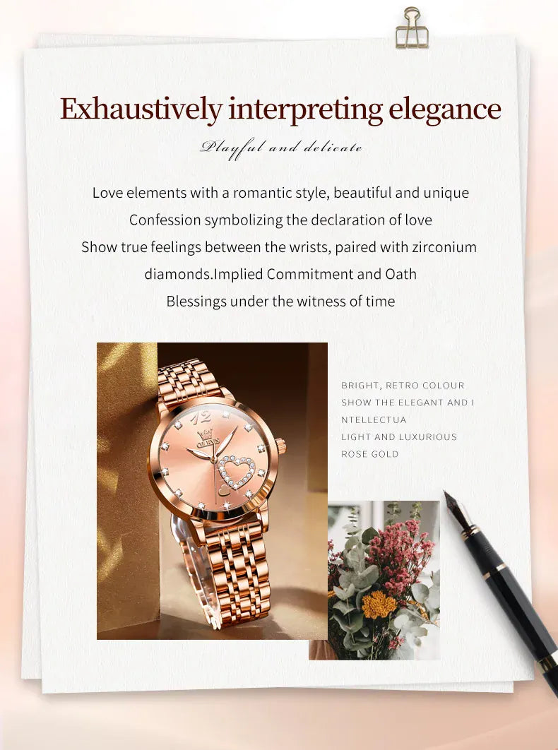 KissICON OLEVS Japan Quartz Women Watch Stainless steel Bracelet "Love" Dial Fashion Elegant Waterproof Luminous Quartz Watch for Ladies