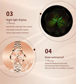 KissICON OLEVS Japan Quartz Women Watch Stainless steel Bracelet "Love" Dial Fashion Elegant Waterproof Luminous Quartz Watch for Ladies