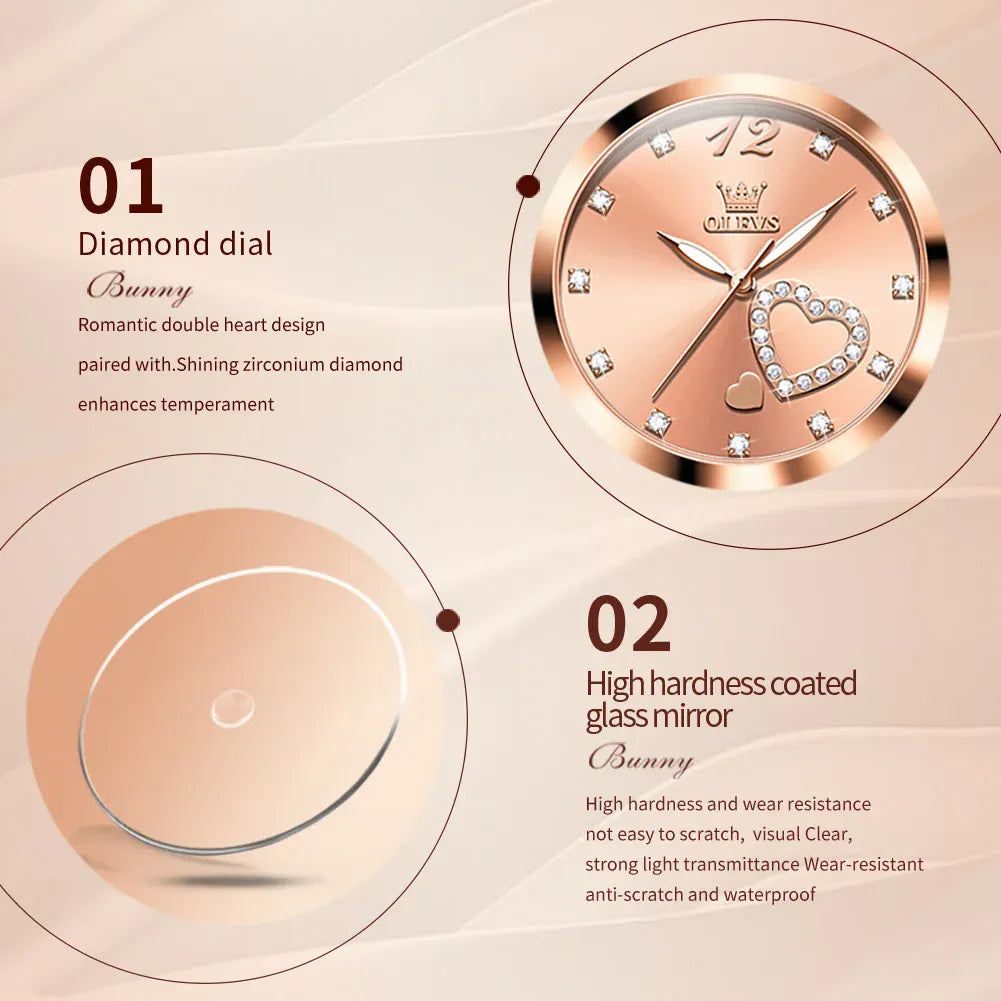 KissICON OLEVS Japan Quartz Women Watch Stainless steel Bracelet "Love" Dial Fashion Elegant Waterproof Luminous Quartz Watch for Ladies