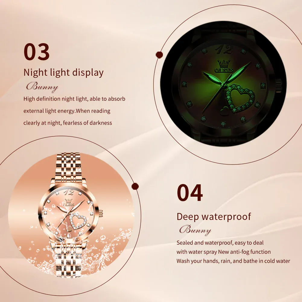 KissICON OLEVS Japan Quartz Women Watch Stainless steel Bracelet "Love" Dial Fashion Elegant Waterproof Luminous Quartz Watch for Ladies