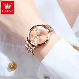 KissICON OLEVS Japan Quartz Women Watch Stainless steel Bracelet "Love" Dial Fashion Elegant Waterproof Luminous Quartz Watch for Ladies