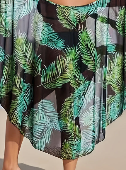 KissICON Olive Green / UK 16 Chic Tropical Leaf Curve Beach Wrap Coverup