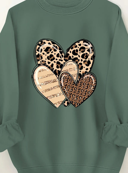 jkthpu-45 Olive Green / UK 16 Fashionable Round-Neck Sweatshirt with Leopard Print And Heart