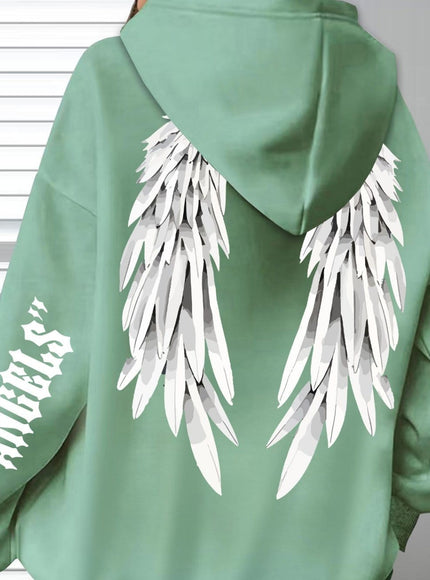 jkthpu-45 Olive Green / UK 16 Plus Size Angel Wings Print Hoodie - Soft